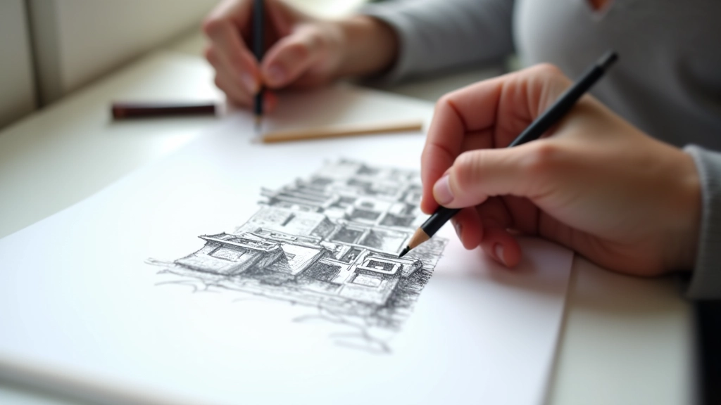 Close-up of sketching process showing hands drawing architectural details with pencils and charcoal on white paper