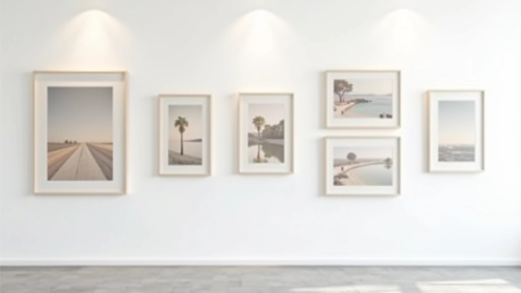 Gallery wall mockup showing different print sizes and arrangements on white wall space