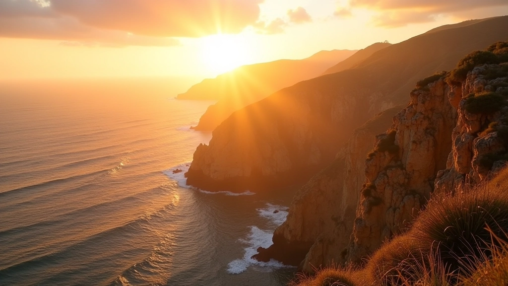 Dramatic landscape with rich golden light hitting rocky coastal cliffs creating deep shadows and warm amber tones