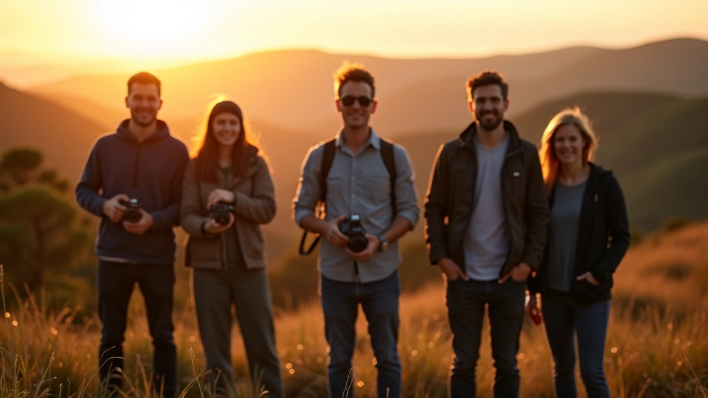 Group of photographers with cameras on a hillside overlooking Portuguese countryside during golden hour light