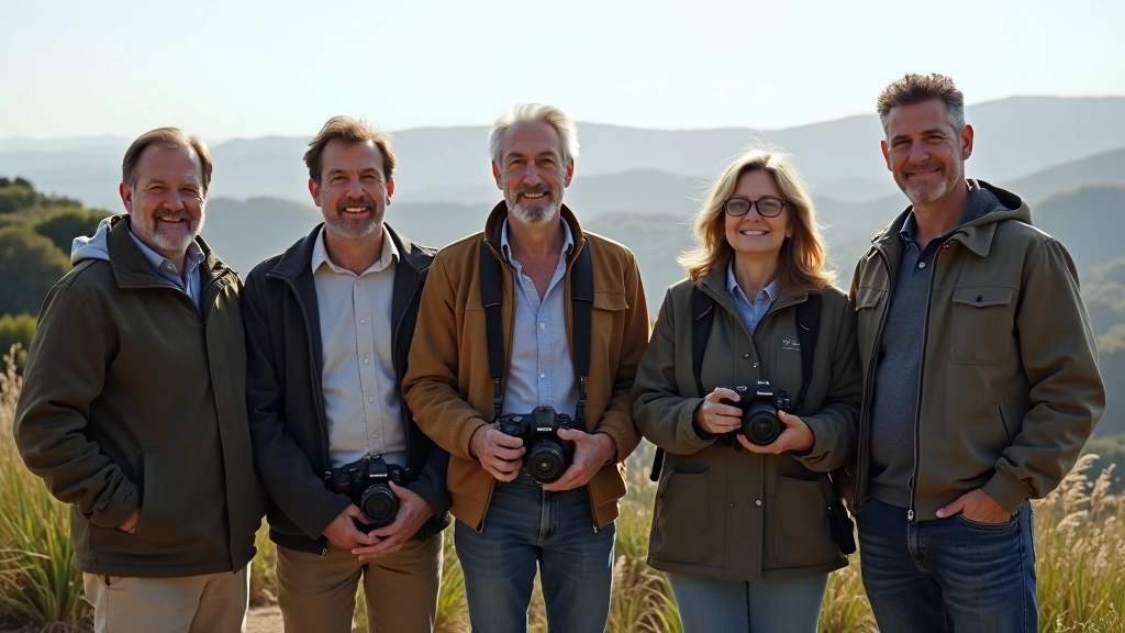 Group of photographers with cameras standing together on a scenic overlook, looking at landscape, relaxed outdoor setting