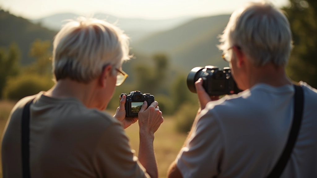 Group of photographers aged 45-65 reviewing images on camera during outdoor landscape photography session