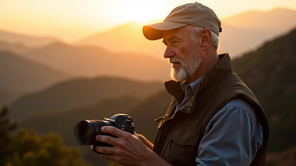 Photographer adjusting camera settings while standing in mountain landscape at sunrise