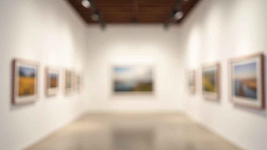 Modern art gallery interior with framed photographs displayed on white walls, gallery lighting