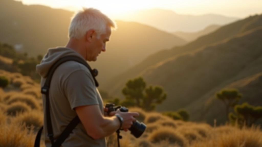 Photographer with vintage camera standing in Portuguese mountain landscape at golden hour