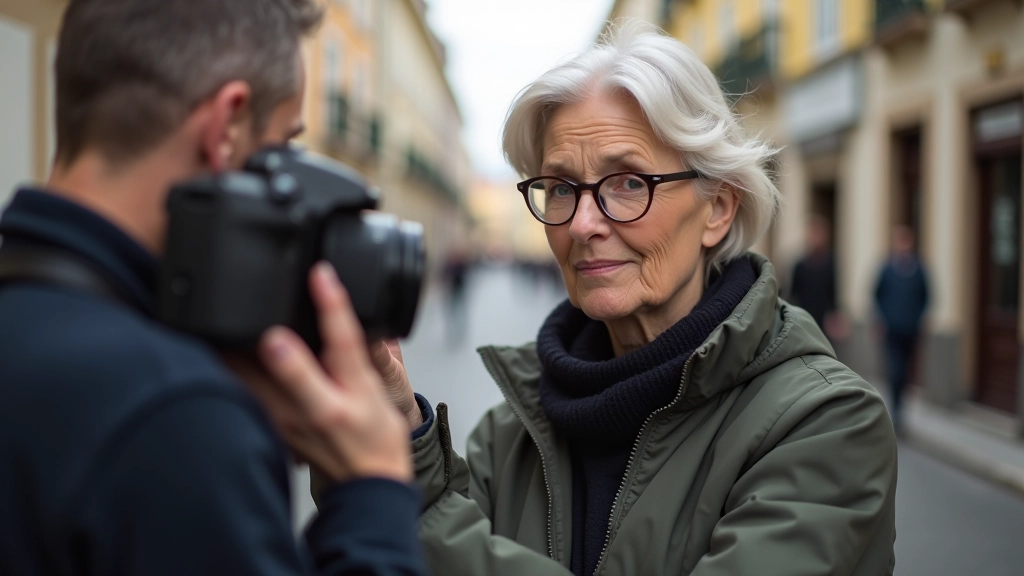 Two photographers reviewing portrait shots on camera LCD screen outdoors in urban setting